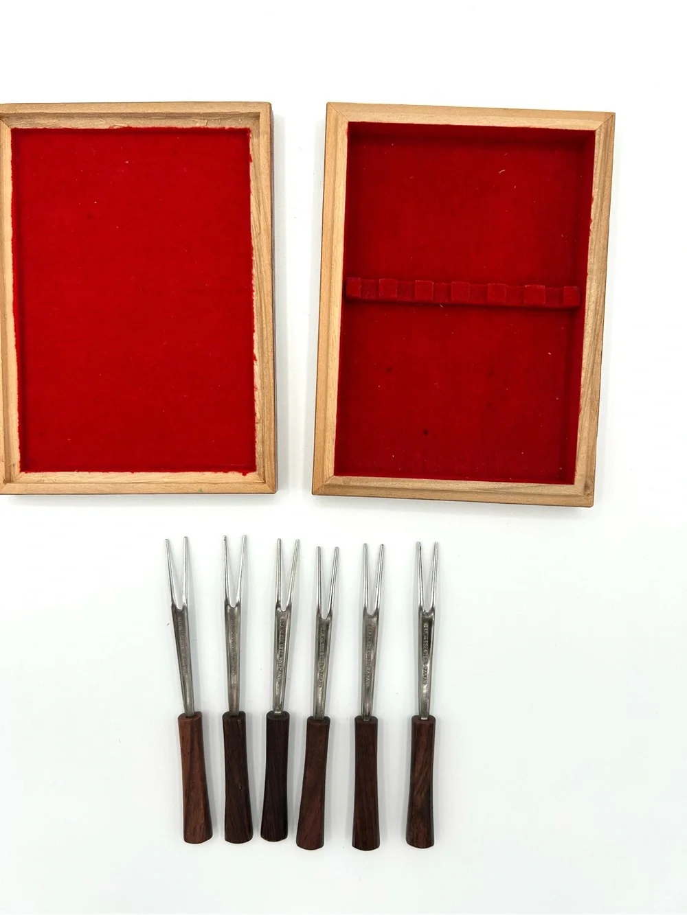 Vintage MCM Cocktail Appetizer Fork Set 6 Wood Handle Stainless Japan Wood Box